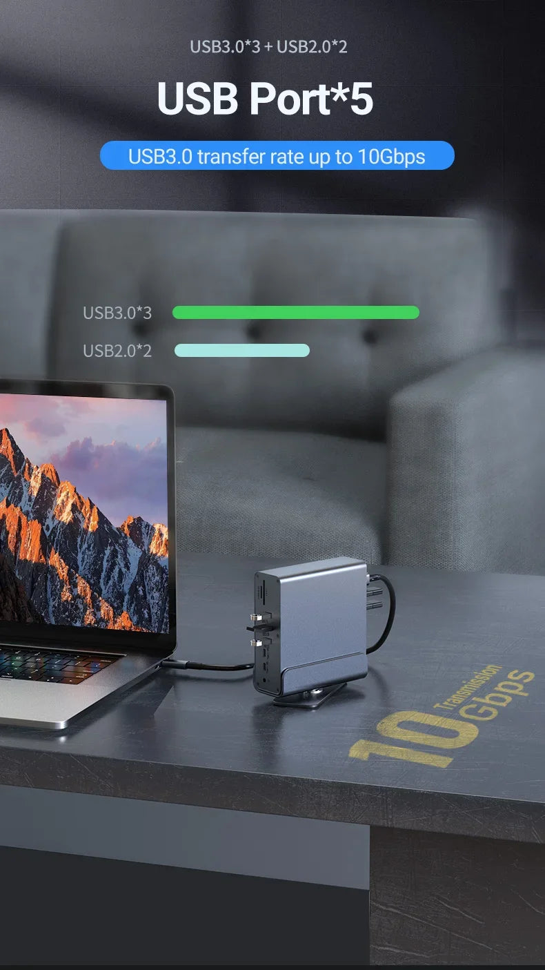Vertical Docking Stations 15-in-1 USB Docking Station TYPE C Hubs with Triple Monitor HDMI 4K60Hz/RJ45 1000M/USB3.0/PD100W
