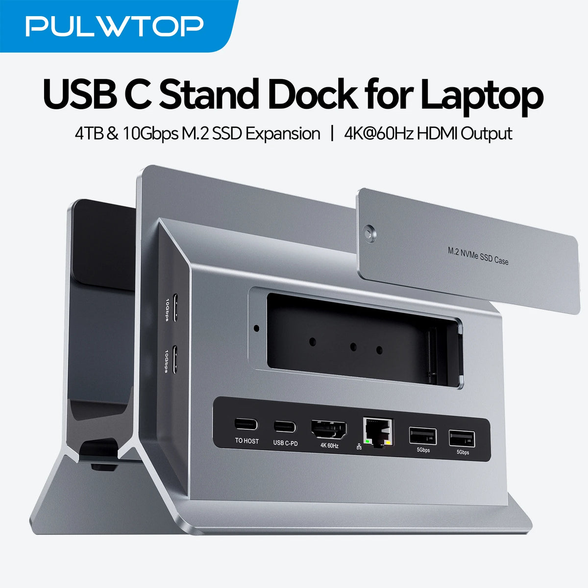 PULWTOP Laptop Docking Station with M.2 SSD Expansion, HD 4K, RJ45, USB-C 2USB C 10Gbps, SD/TF, for Full-featured Type-C Laptops