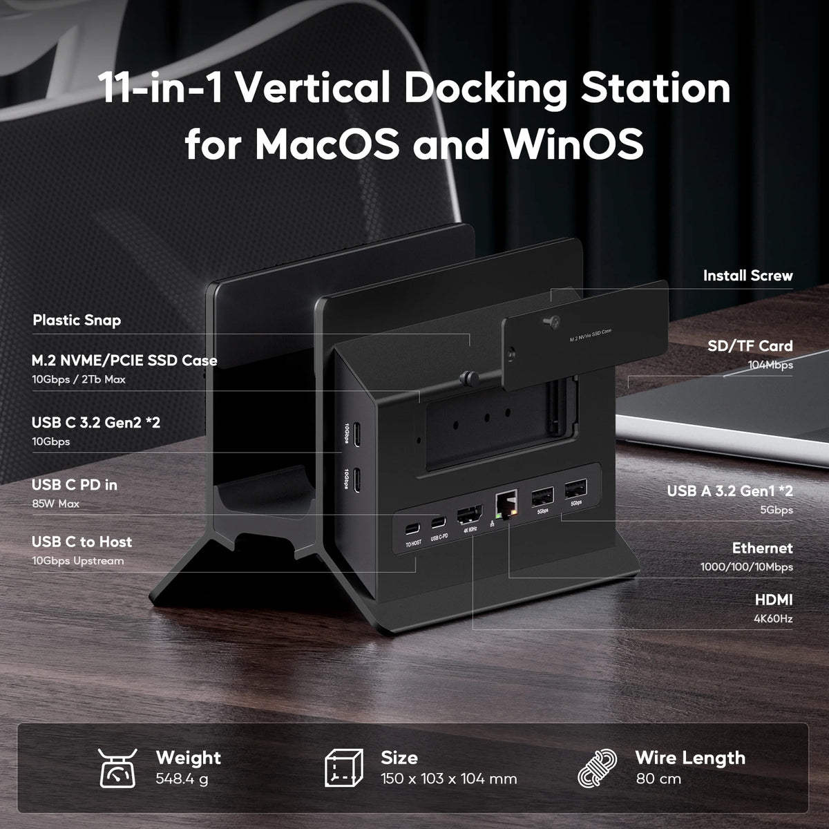 PULWTOP Laptop Docking Station with M.2 SSD Expansion, HD 4K, RJ45, USB-C 2USB C 10Gbps, SD/TF, for Full-featured Type-C Laptops