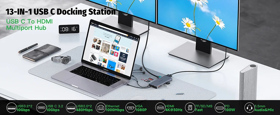 Getatek 13 in 1 Laptop USB C Docking Station 10Gbps USB C Hub with USB 3.2 Hub 4K HDMI VGA 100W PD Charging RJ45 for MacBook Pro