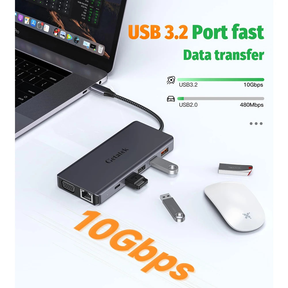 Getatek 13 in 1 Laptop USB C Docking Station 10Gbps USB C Hub with USB 3.2 Hub 4K HDMI VGA 100W PD Charging RJ45 for MacBook Pro