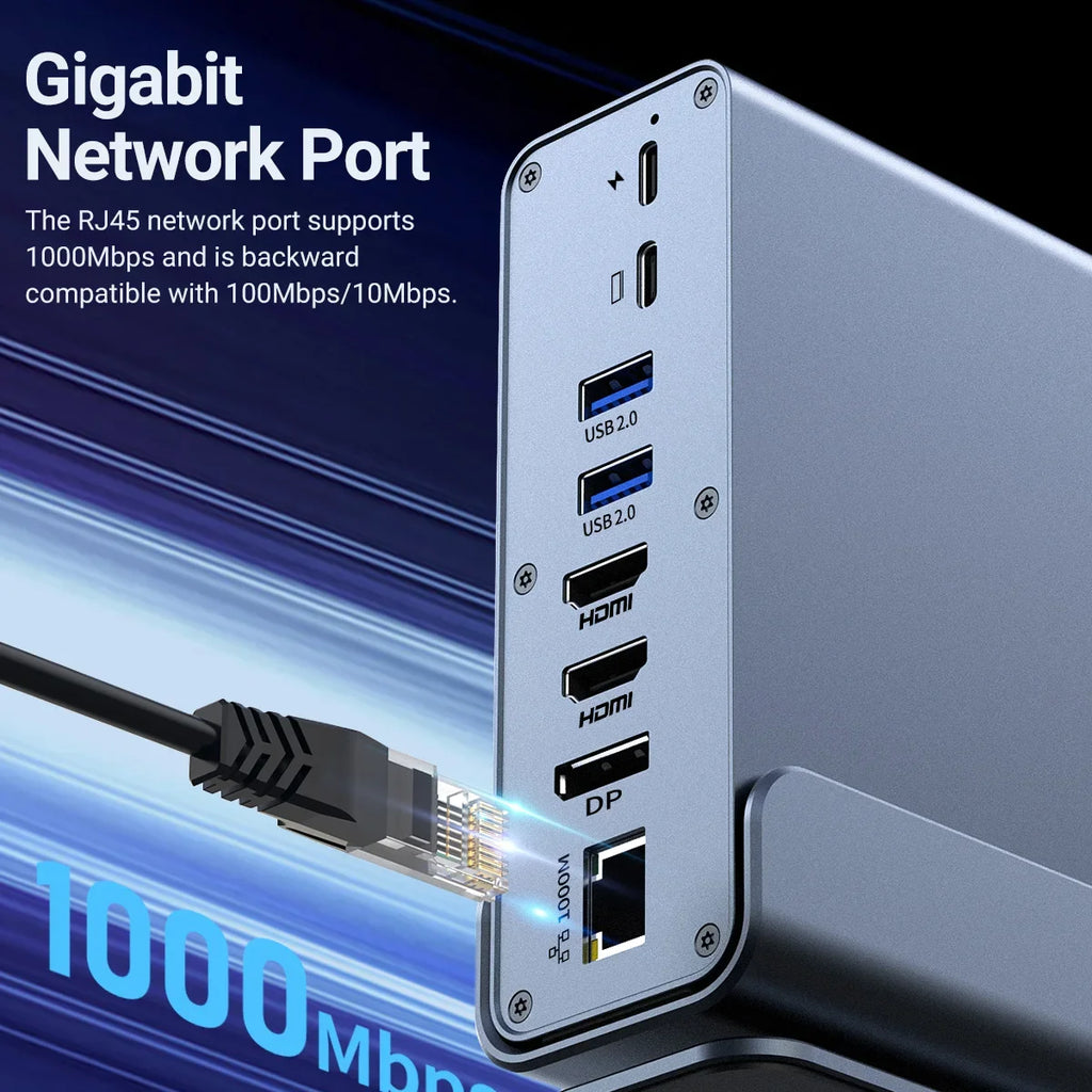 Vertical Docking Stations 15-in-1 USB Docking Station TYPE C Hubs with Triple Monitor HDMI 4K60Hz/RJ45 1000M/USB3.0/PD100W
