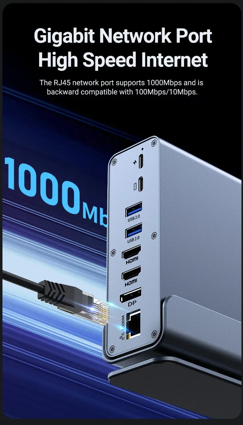 Vertical Docking Stations 15-in-1 USB Docking Station TYPE C Hubs with Triple Monitor HDMI 4K60Hz/RJ45 1000M/USB3.0/PD100W