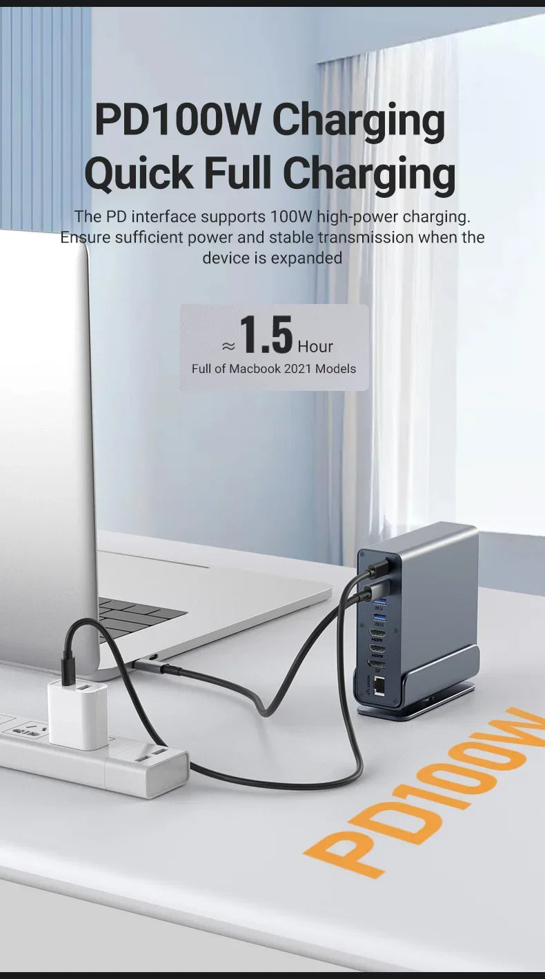 Vertical Docking Stations 15-in-1 USB Docking Station TYPE C Hubs with Triple Monitor HDMI 4K60Hz/RJ45 1000M/USB3.0/PD100W