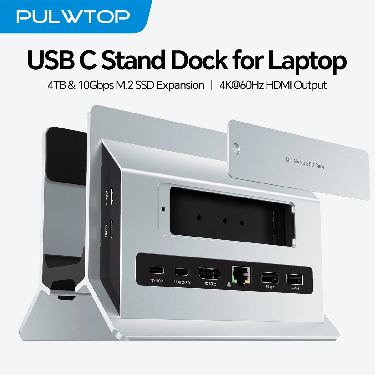 PULWTOP Laptop Docking Station with M.2 SSD Expansion, HD 4K, RJ45, USB-C 2USB C 10Gbps, SD/TF, for Full-featured Type-C Laptops